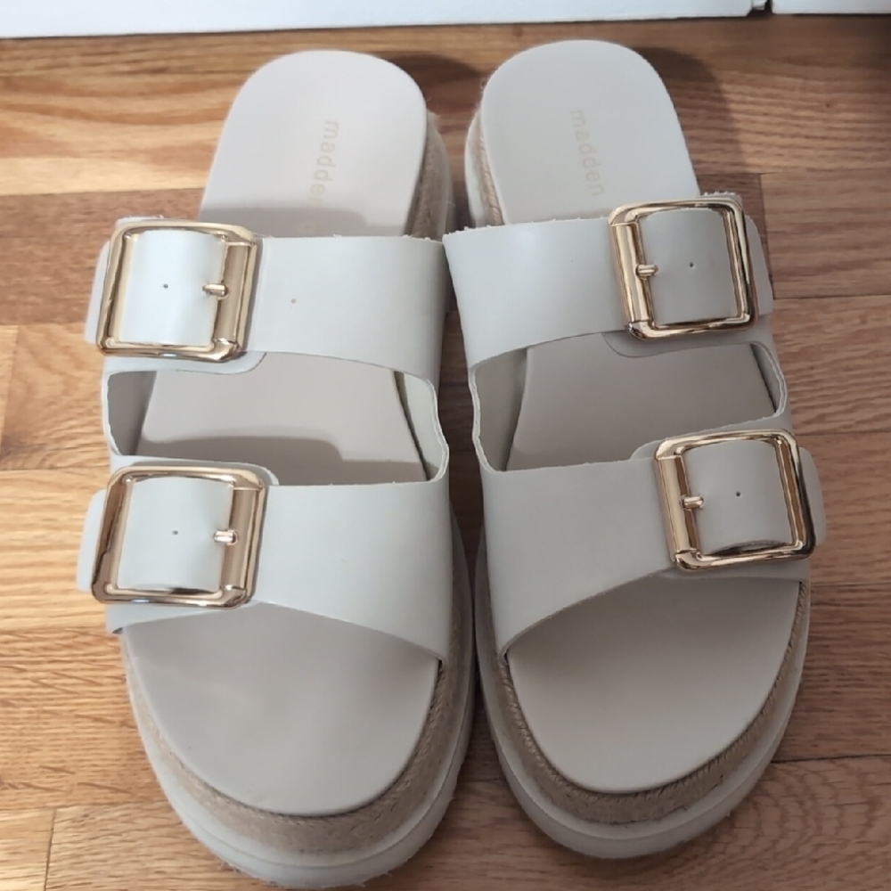 mandee White Sandals with Gold Buckles